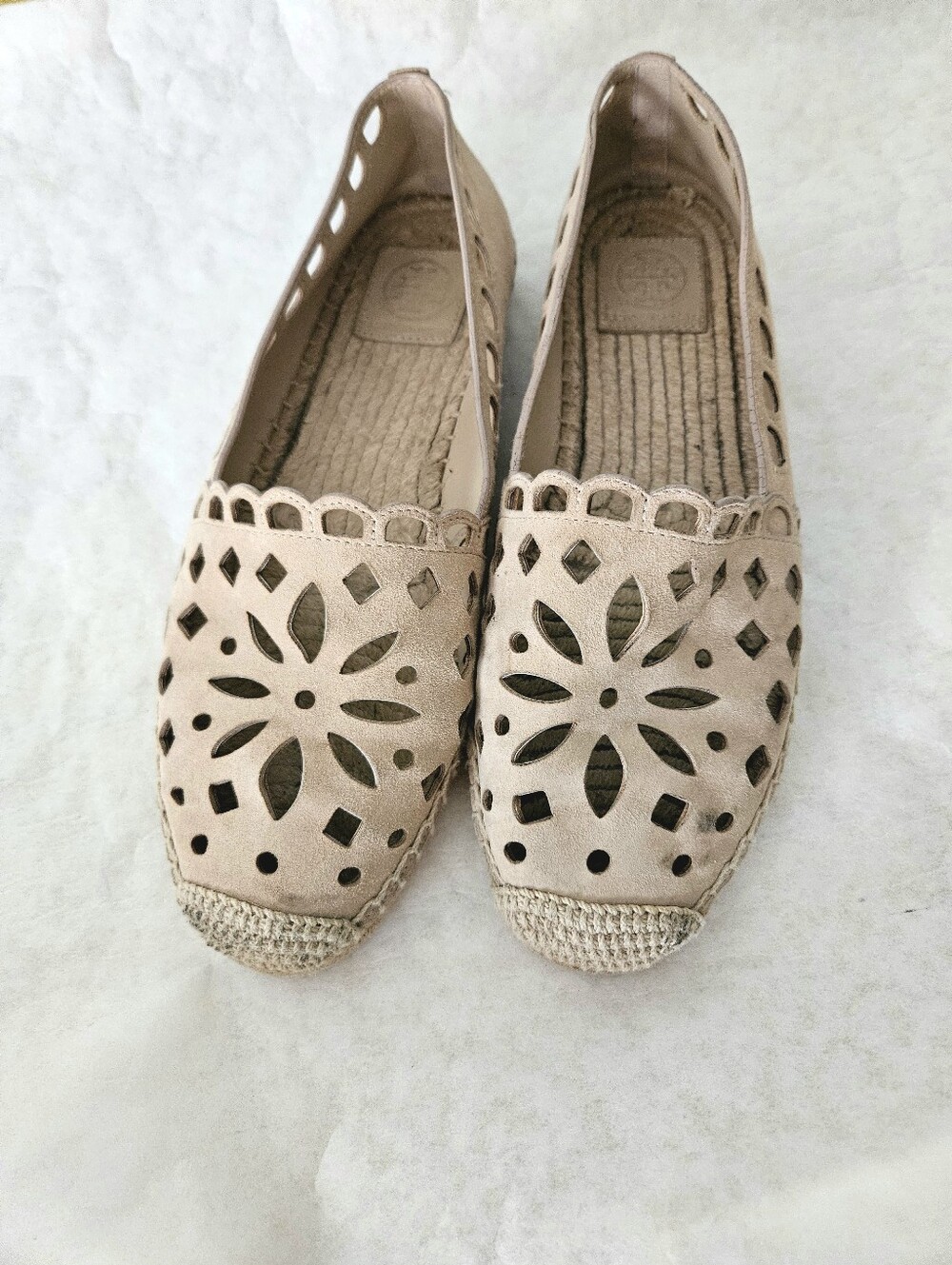Tory Burch Tan May Laser Cut Leather Espadrilles